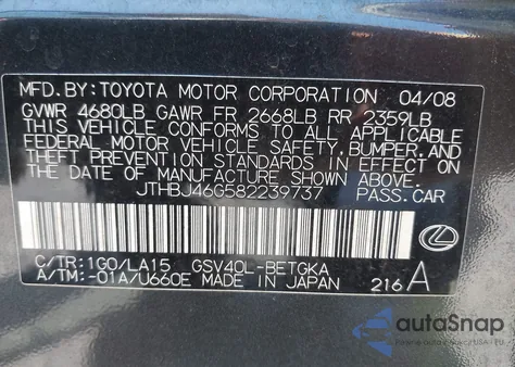2008 Lexus Es 350 z USA, uszkodzony, nr VIN JTHBJ46G582239737